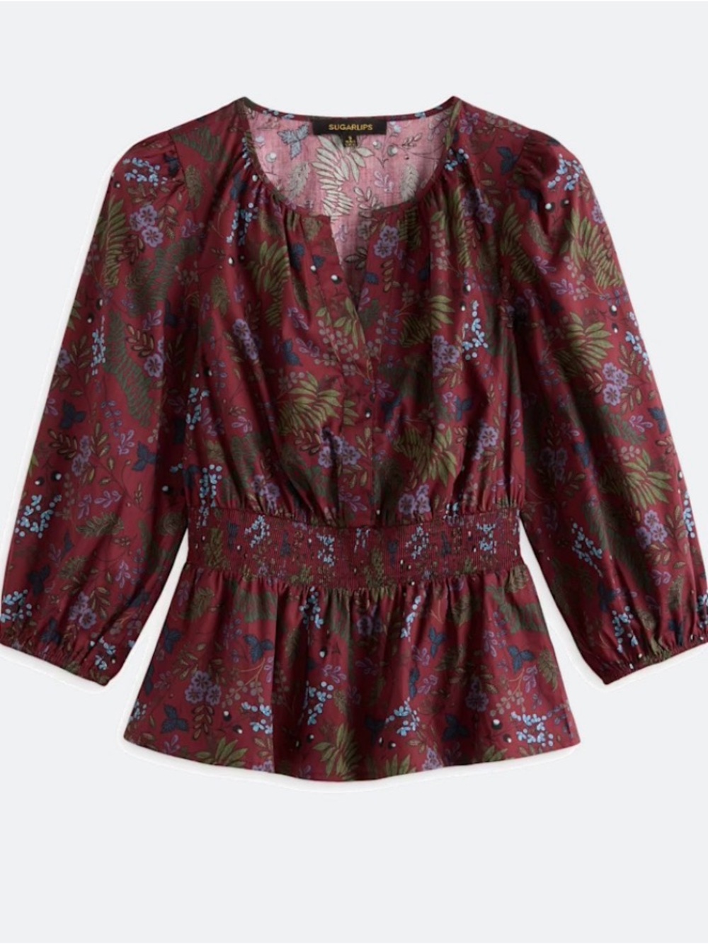 EUC, Size M, SugarLips Burgundy Floral Smocked Peplum Blouse